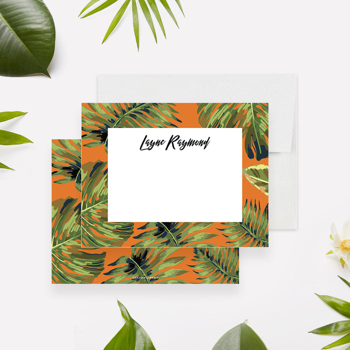 Tropical-style note card featuring green palm leaves on an orange background, perfect as a custom bachelorette party stationery gift.-front-back