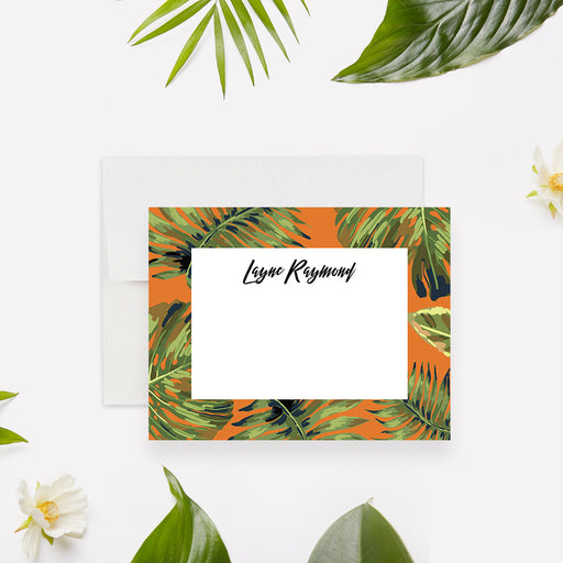 Tropical-style note card featuring green palm leaves on an orange background, perfect as a custom bachelorette party stationery gift.-front