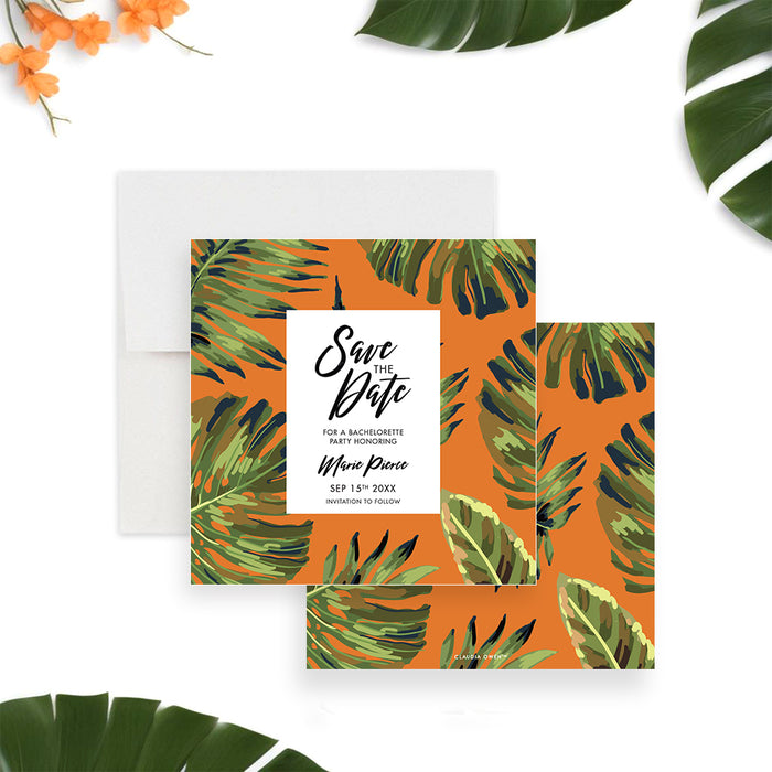 Tropical save the date card with green leaves on an orange background, customizable with bachelorette party details.-front-back