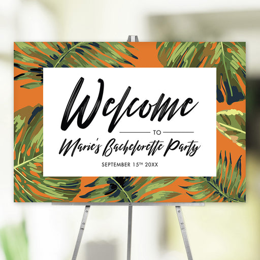 Tropical welcome sign featuring a palm leaf design, customized for bachelorette parties or photo booth decoration.