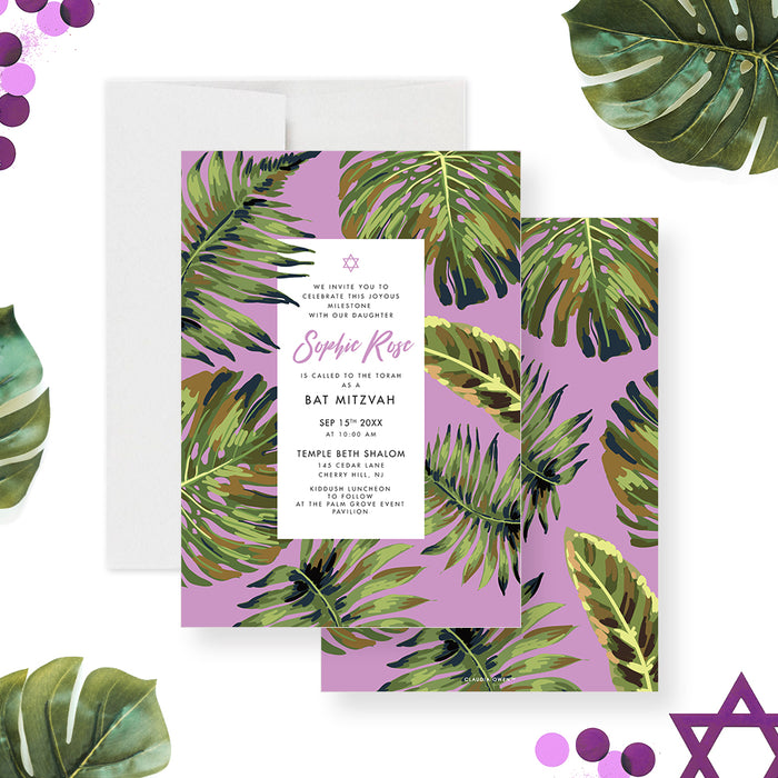 Bat Mitzvah invitation card with a Star of David and tropical design, custom-printed for Jewish celebrations.-front-back