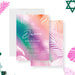 Tropical Bat Mitzvah invitation featuring a pink, purple, and green background, white palm leaves, and Star of David design.-front-back