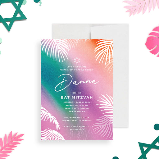 Tropical Bat Mitzvah invitation featuring a pink, purple, and green background, white palm leaves, and Star of David design.-front