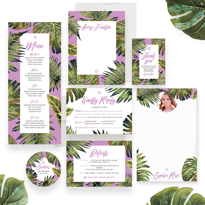 Tropical Bat Mitzvah Invitation with Botanical Leaf Design