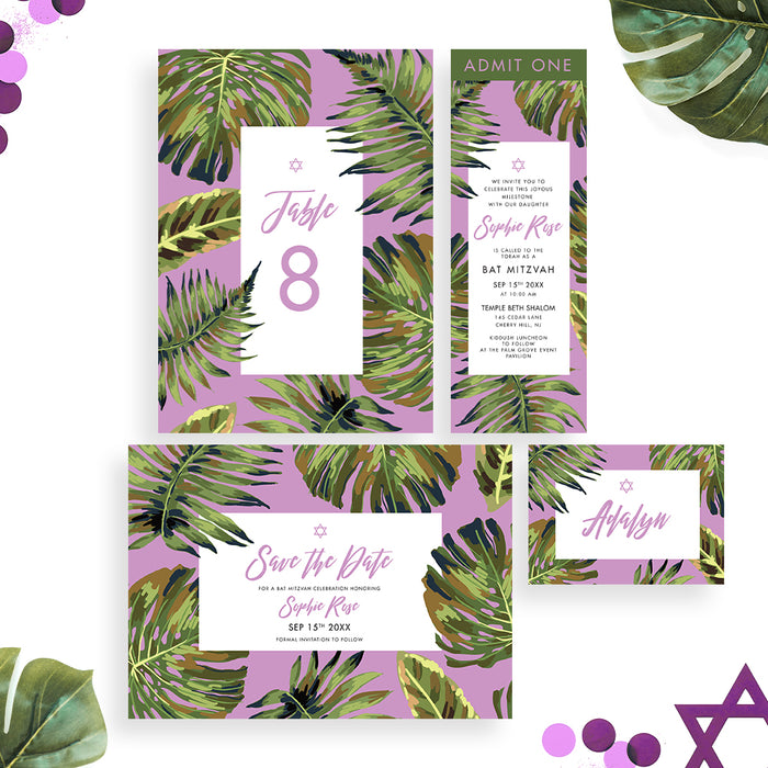 Tropical Bat Mitzvah Invitation with Botanical Leaf Design