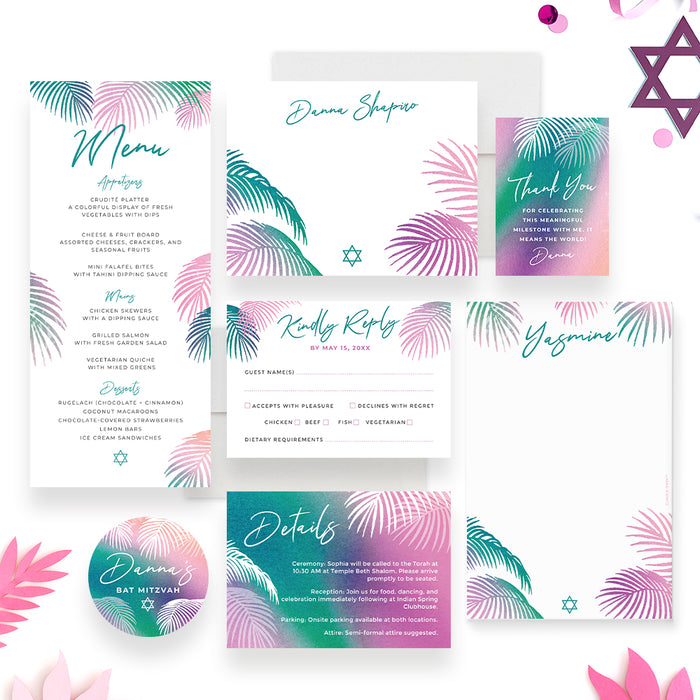 Tropical Bat Mitzvah Invitation Colorful Jewish Celebration Card
