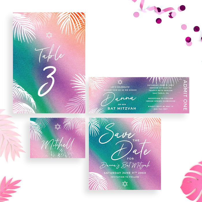 Tropical Bat Mitzvah Invitation Colorful Jewish Celebration Card