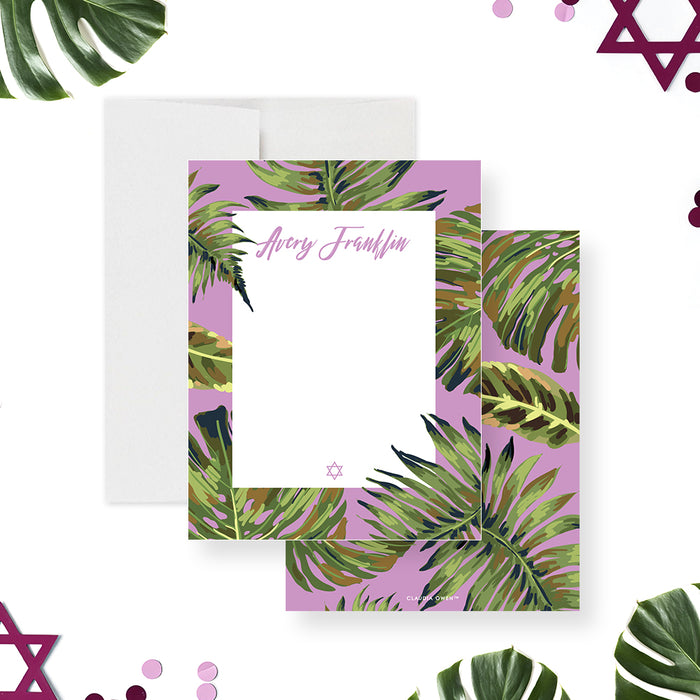 Tropical Bat Mitzvah note card with botanical palm leaves and a Star of David on a lilac background, personalized Jewish stationery.-front-back