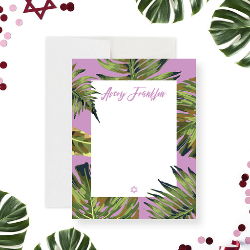 Tropical Bat Mitzvah note card with botanical palm leaves and a Star of David on a lilac background, personalized Jewish stationery.-front