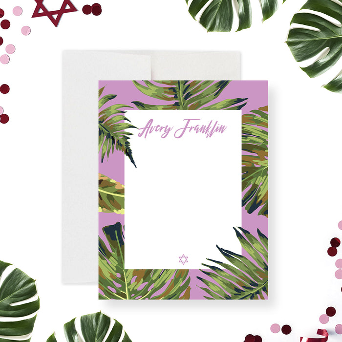 Tropical Bat Mitzvah note card with botanical palm leaves and a Star of David on a lilac background, personalized Jewish stationery.-front
