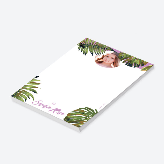 Personalized Bat Mitzvah notepad with your photo, tropical palm leaves, and a Star of David design.-side