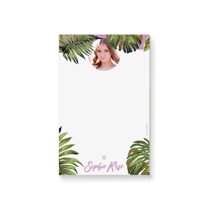 Personalized Bat Mitzvah notepad with your photo, tropical palm leaves, and a Star of David design.