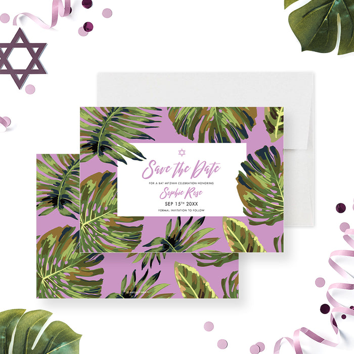 Bat Mitzvah save the date with tropical palm leaves on a lilac background, featuring the Star of David.-front-back