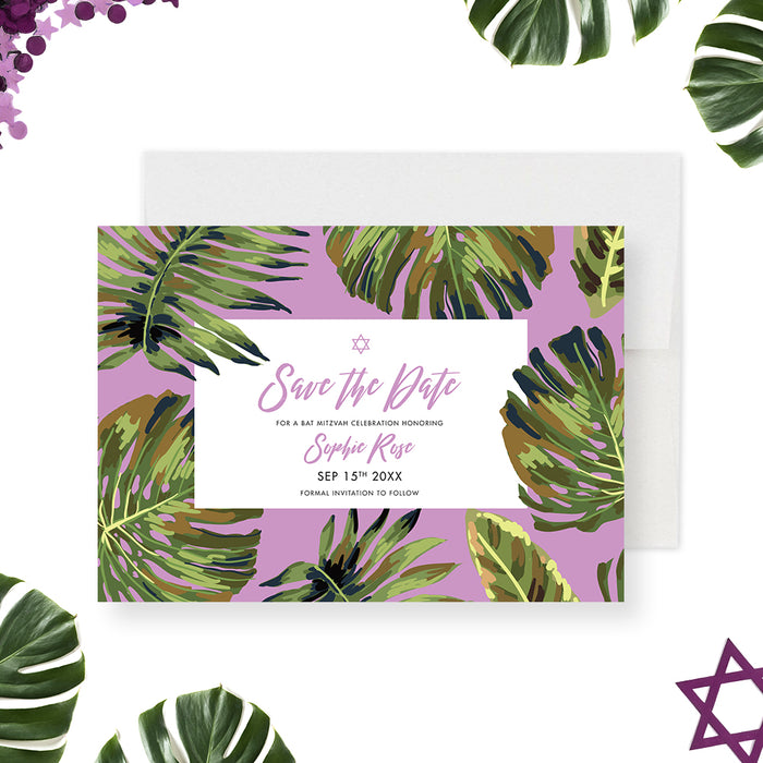 Tropical Bat Mitzvah Invitation with Botanical Leaf Design