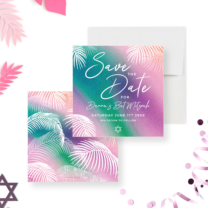Colorful Bat Mitzvah save the date card featuring tropical palm leaves and Star of David for a Jewish coming-of-age celebration.-front-back