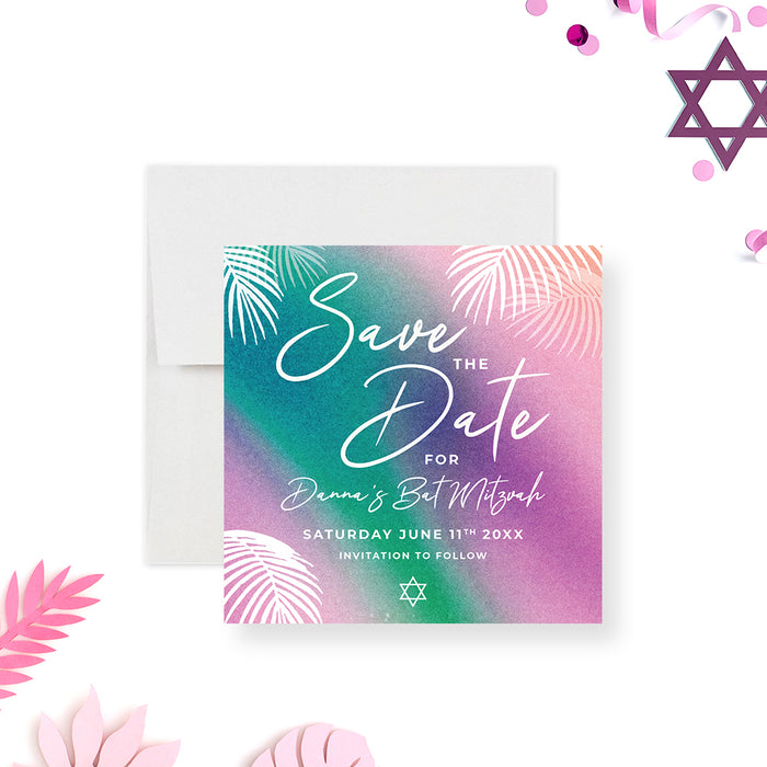 Colorful Bat Mitzvah save the date card featuring tropical palm leaves and Star of David for a Jewish coming-of-age celebration.-front