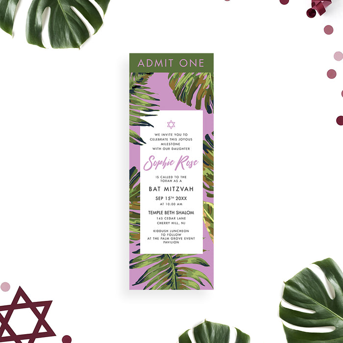 Bat Mitzvah ticket invitation with tropical palm leaves and Star of David on a soft lilac background.