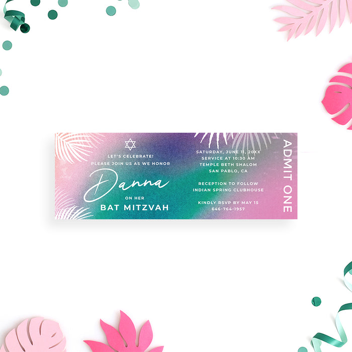 Colorful Bat Mitzvah ticket invitation featuring palm leaves and the Star of David, custom printed for Jewish celebrations.