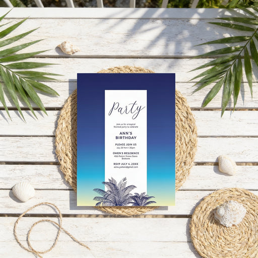 Tropical birthday party invitation featuring blue ombre background and palm tree design