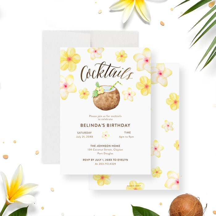 Tropical cocktail party invitation featuring yellow plumeria flowers and a coconut drink illustration for an adult summer birthday celebration-front-back
