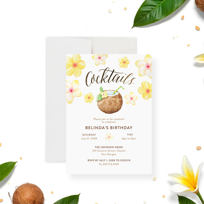 Tropical cocktail party invitation featuring yellow plumeria flowers and a coconut drink illustration for an adult summer birthday celebration-front