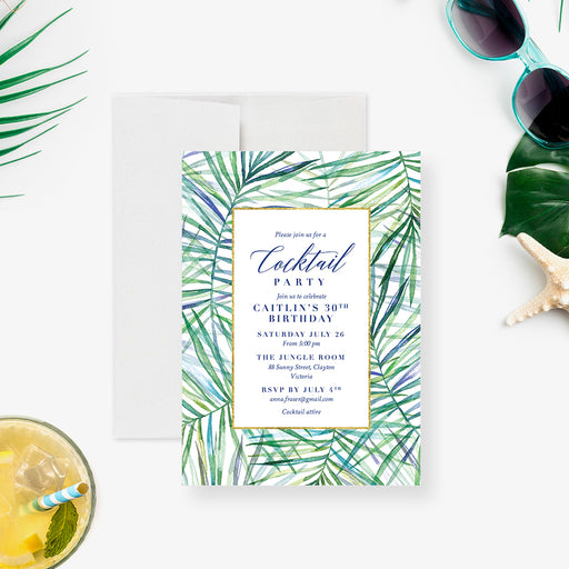 Custom birthday invitation featuring watercolor palm leaves, ideal for tropical-themed celebrations. -front