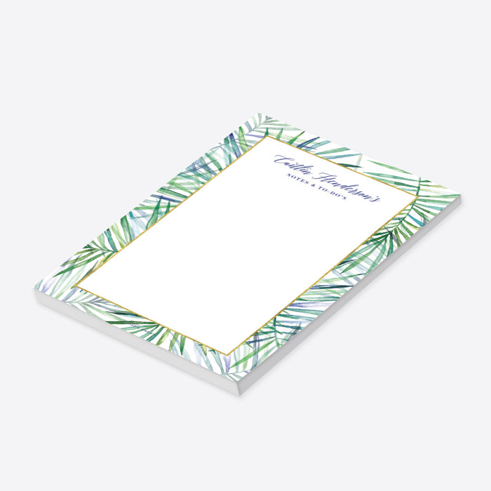 Personalized notepad featuring watercolor palm leaf design, a sophisticated stationery gift for tropical-themed birthday parties.-side