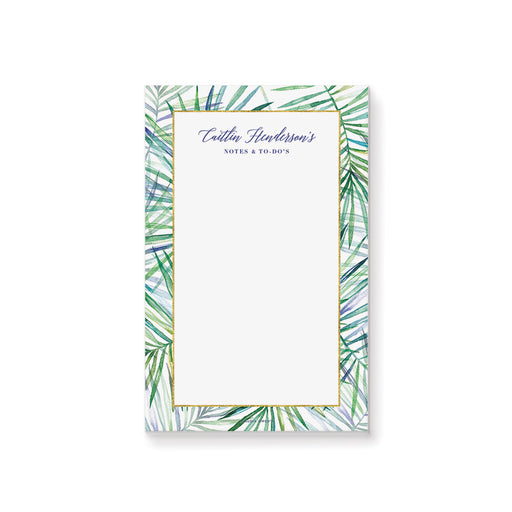 Personalized notepad featuring watercolor palm leaf design, a sophisticated stationery gift for tropical-themed birthday parties.