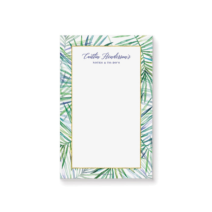 Personalized notepad featuring watercolor palm leaf design, a sophisticated stationery gift for tropical-themed birthday parties.