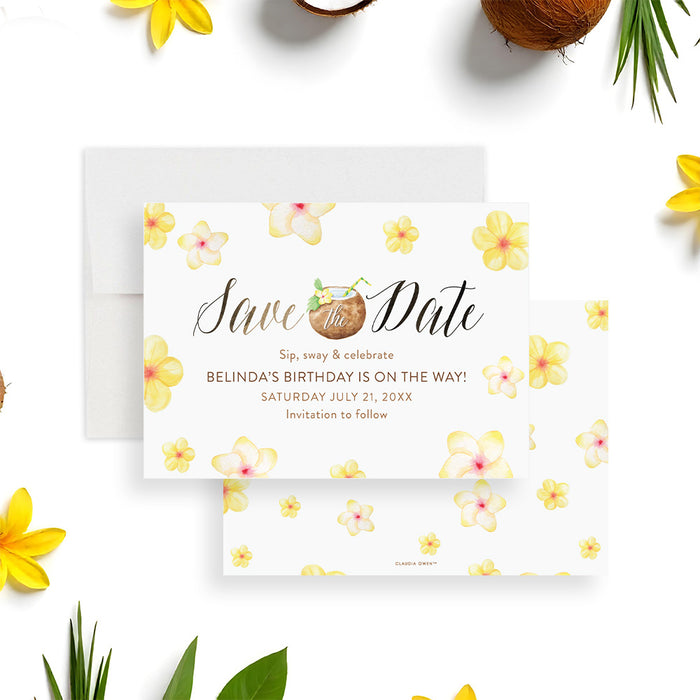 Tropical birthday save the date with floral design and coconut drink illustration for a summer party-front-back