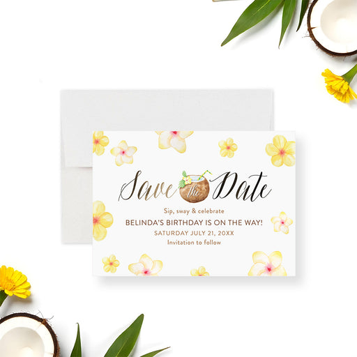 Tropical birthday save the date with floral design and coconut drink illustration for a summer party-front