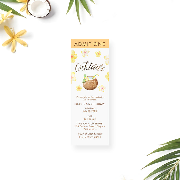 Tropical cocktail party ticket invitation with floral design and coconut drink illustration for a birthday celebration