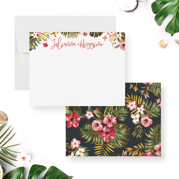 Personalized tropical flower note cards with pink hibiscus, green palm leaves, a script name and a dark floral back.