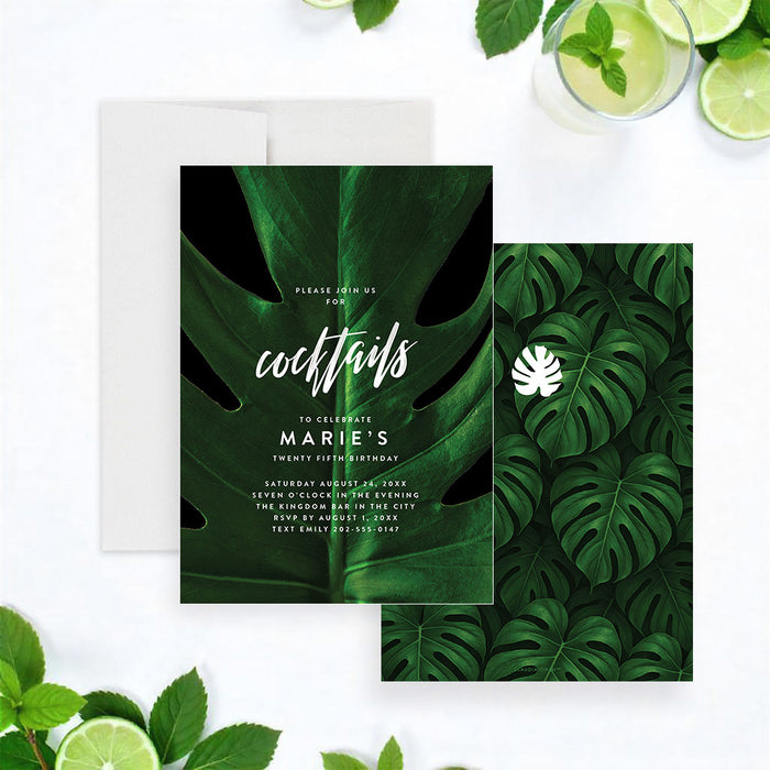 modern tropical birthday invitation featuring a lush green monstera leaf for garden cocktail parties and summer events-front-back