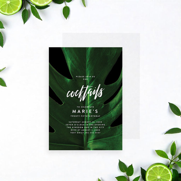modern tropical birthday invitation featuring a lush green monstera leaf for garden cocktail parties and summer events-front