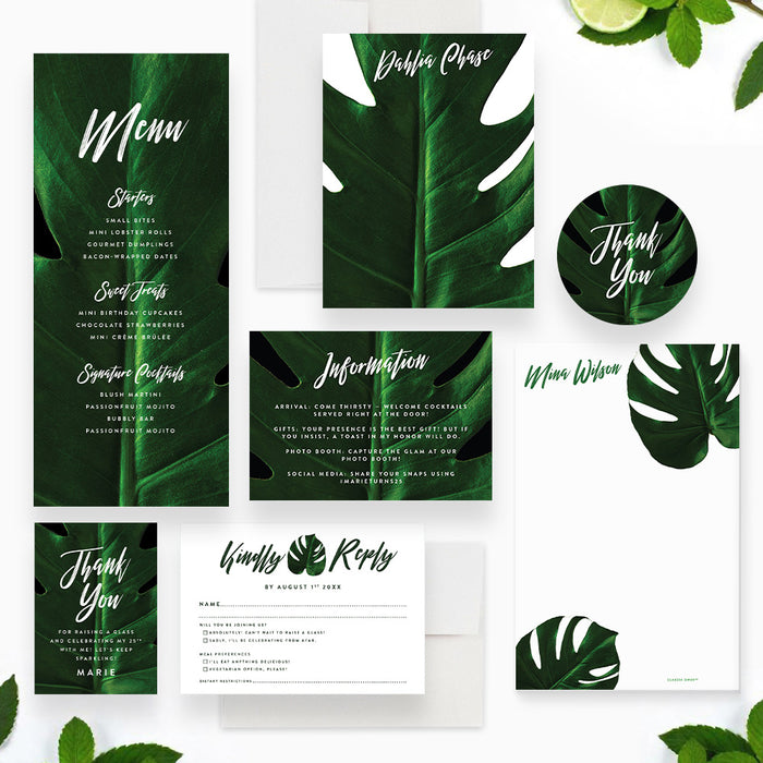 Cocktail Party Birthday Invitation Tropical Monstera Leaf