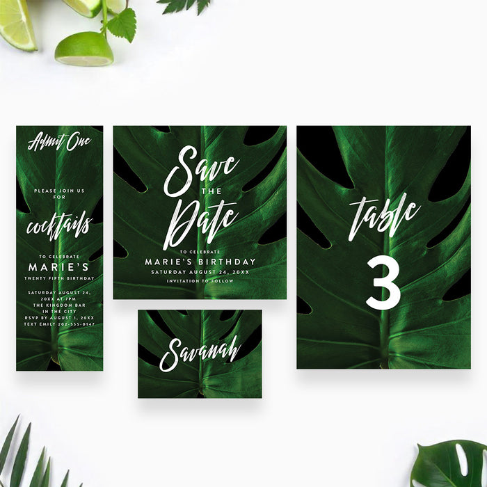 Cocktail Party Birthday Invitation Tropical Monstera Leaf