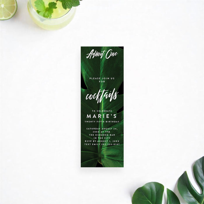 tropical ticket invitation featuring a dark green monstera leaf for adult cocktail parties and summer celebrations
