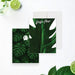 personalized tropical note card featuring a large green monstera leaf design and a custom name in script lettering.-front-back