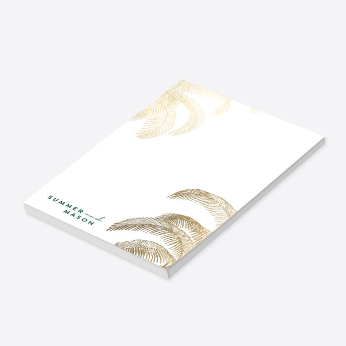 personalized tropical notepad with elegant gold palm frond illustrations and custom name for beach and destination wedding gifts-side