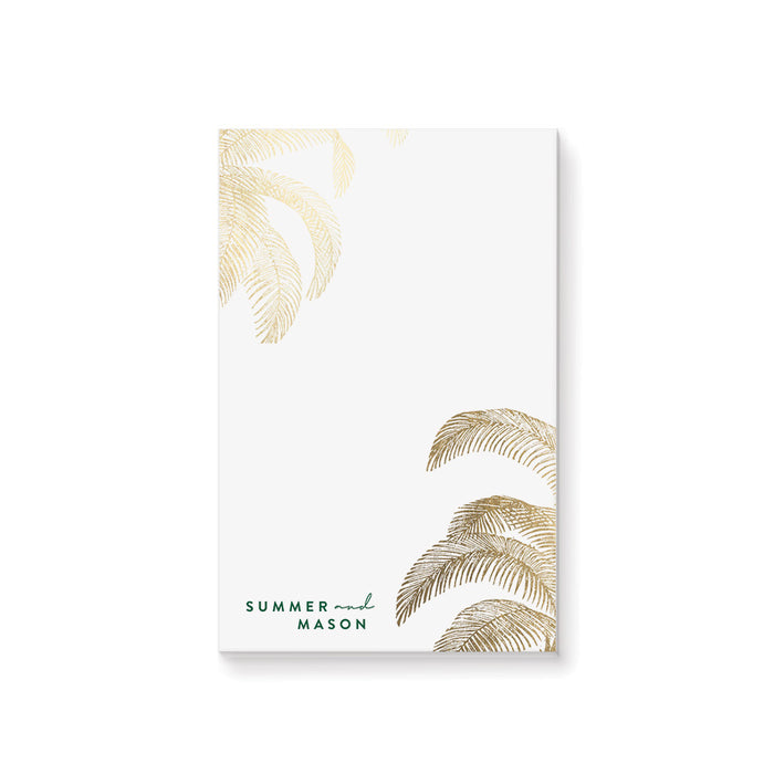 personalized tropical notepad with elegant gold palm frond illustrations and custom name for beach and destination wedding gifts