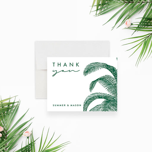 tropical thank you card with green palm fronds and custom name for destination wedding-inspired design-front