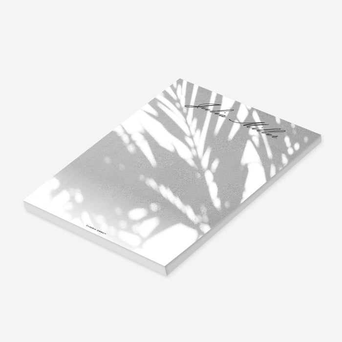 personalized palm shadow notepad with soft tropical leaf shadow design and custom name for a beach or garden wedding gift-side