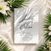 tropical palm wedding invitation with soft palm shadow design and elegant script lettering for a garden wedding-front