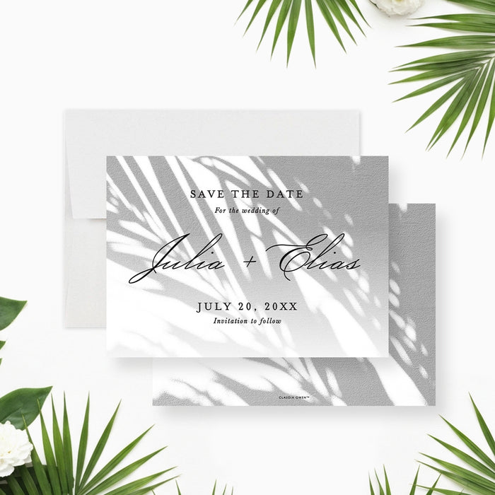 tropical wedding save the date card with soft palm shadow design and elegant script lettering for a beach or garden wedding-front-back