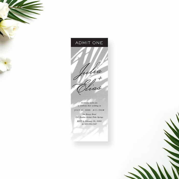tropical wedding ticket invitation with soft palm shadow design and elegant script lettering for a beach or garden wedding