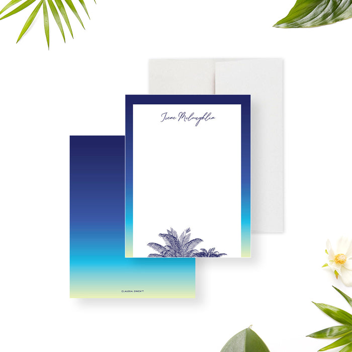 Tropical Palm Tree Thank You Card for Summer Birthdays. Front and matching blue and green back shown with a white envelope.