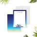 Tropical Palm Tree Thank You Card for Summer Birthdays. Front and matching blue and green back shown with a white envelope.
