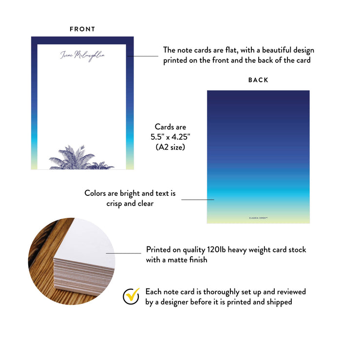 Product details graphic for tropical palm tree thank you card for summer birthdays, showing front and back designs, A2 size, and matte cardstock.