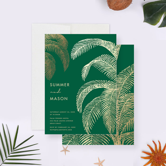tropical wedding invitation with an emerald green background and elegant palm fronds for beach weddings and destination celebrations-front-back